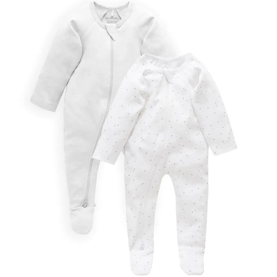 2 Pack Zip Growsuit - Pale Grey Spot/Pale Grey Melange