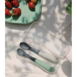 1st Age Silicone Spoons Two-tone Travel Set with case - Mineral/Sage Green